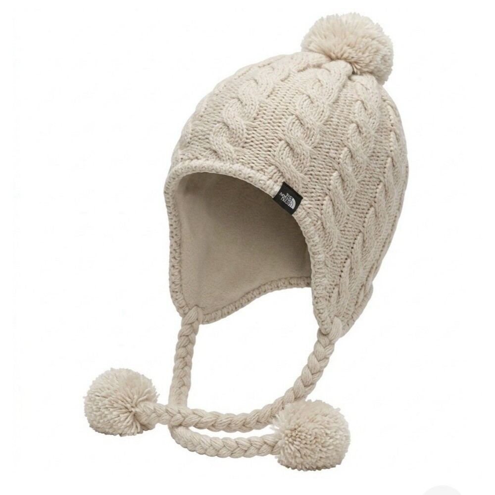 North Face Cable Knit Trapper Hat Beanie APDB Cream Lined Earflap Pom Pom Winter